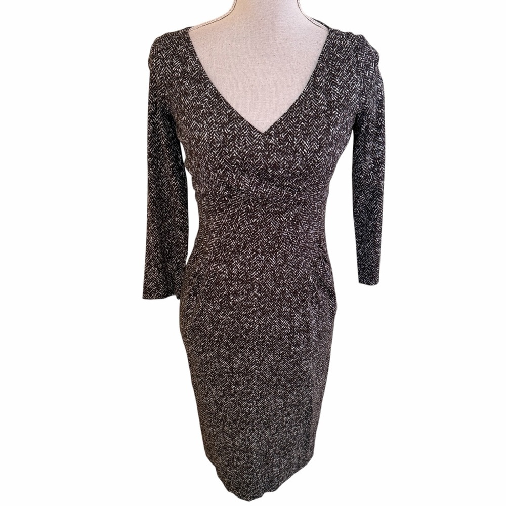 Michael Kors Vintage Black/Grey White Surplice Bodice Long Sleeve Sheath Dress 2